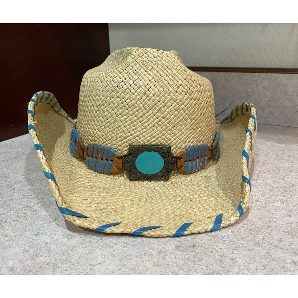 Bullhide Del Mar Straw Cowboy Hat W/Turquoise Accent & Leather Trimmed Band West